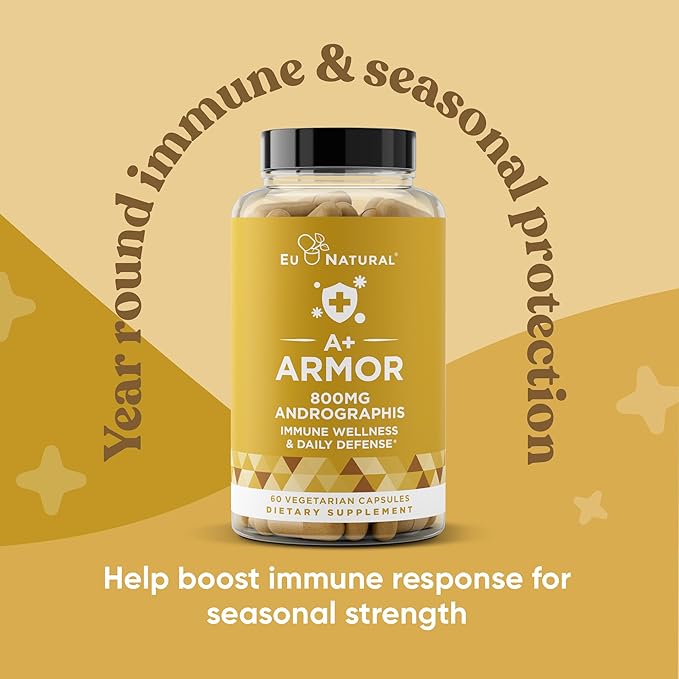 Eu Natural A+ Armor Andrographis Pure 800 Mg – Healthy Immune System Function, Physical Wellness, Potent Strength for Seasonal Protection – Full-Spectrum & Standardized – 60 Vegan Soft Capsules