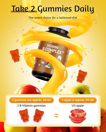 Vitamin B Complex Gummies for Adult - 120 Count, Apple Flavor, Chewable Supplement with 8 Essential B Vitamins (B1, B2, B3, B5, B6, B7, B9, B12) - Vegan, Supports Energy, Metabolism & Overall Health
