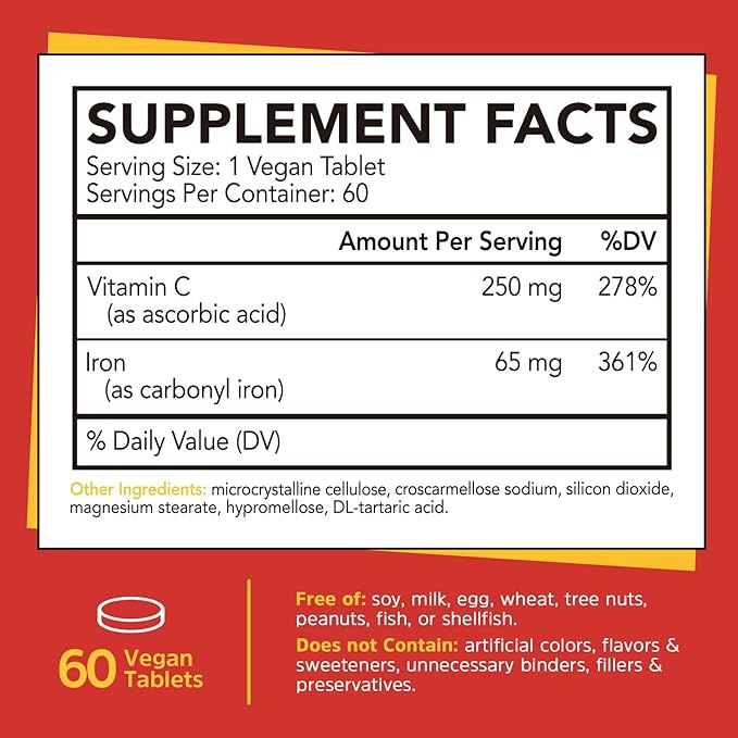 Iron Supplement, 65 mg Carbonyl Iron Plus Vitamin C, Energy & Blood Support for Women & Men, Better Absorption, Gentle on The Stomach, No Nausea, No Constipation, Vegan, Non-GMO, 60 Ct