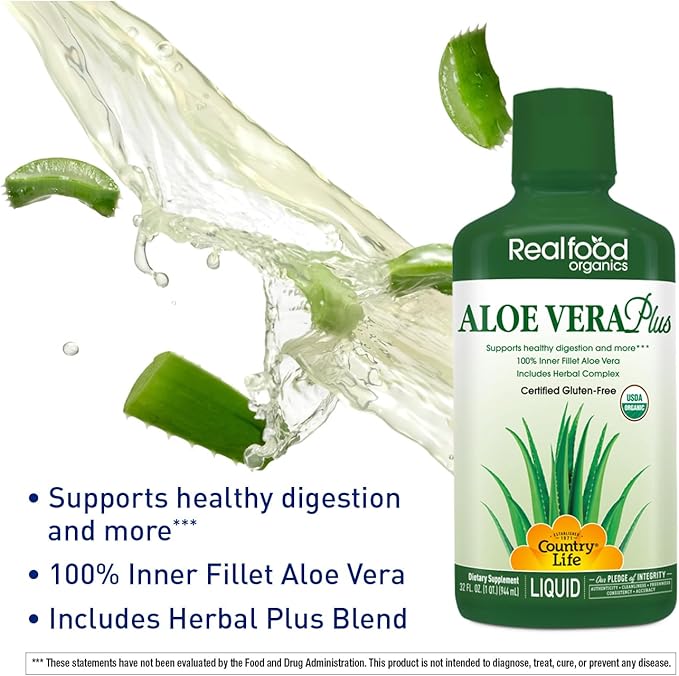 Country Life Realfood Organics Liquid Aloe Vera Plus - Supports Digestive Health & Immune System - with Slippery Elm, Ginger, Turmeric, Peppermint - Organic ACTIValoe, Qmatrix Process - 32 oz