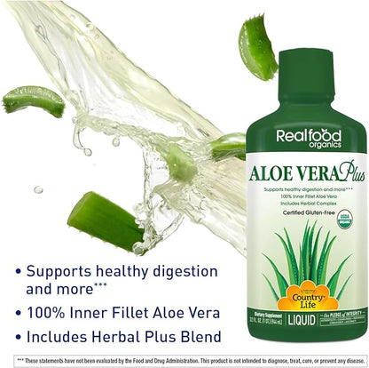 Country Life Realfood Organics Liquid Aloe Vera Plus - Supports Digestive Health & Immune System - with Slippery Elm, Ginger, Turmeric, Peppermint - Organic ACTIValoe, Qmatrix Process - 32 oz