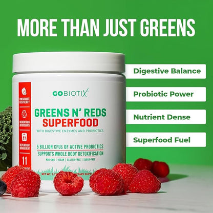 GOBIOTIX Super Greens and Reds Powder - Red and Green Superfood - Probiotic Supplement - Digestive Enzymes and Beet Root Powder - Organic Whole Foods Dietary Supplement (Pom Raspberry, 3 Pack)