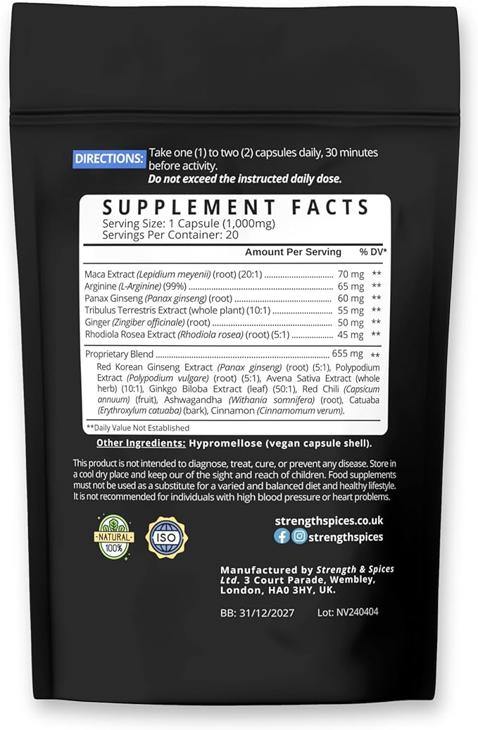 Natagra 1000mg Herbal Supplement – Maca, Tribulus, Ginseng – Supports Energy & Well-Being – Vegan, UK Made