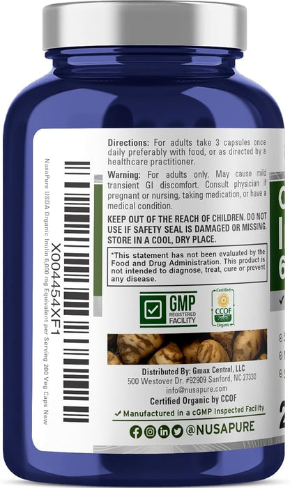 NusaPure Inulin Powder 20:1 Extract, 300 mg Equivalent to 6,000mg | 200 Veggie Capsules |USDA Organic and Non-GMO Supplement