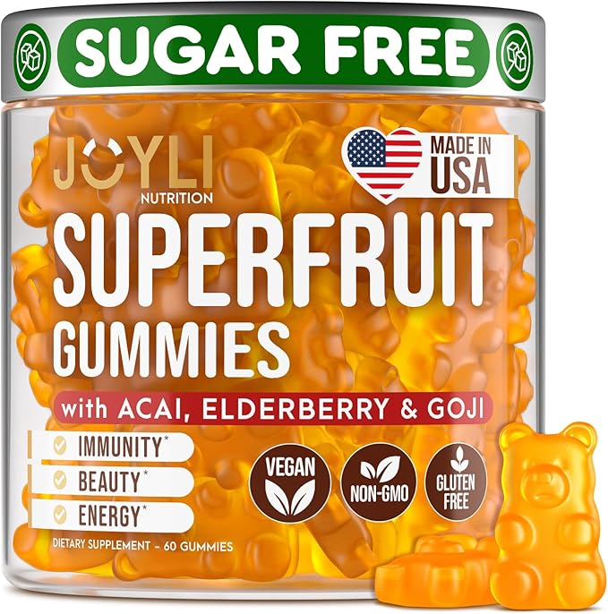 Joyli Superfruit Gummies - Sugar-Free Fruit Multivitamin Gummies for Adults - Natural Gummy Vitamins for Women & Men with Goji, Elderberry, Vitamins A, C, D & E - Supports Immunity, Digestion & Energy
