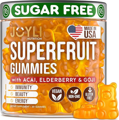 Joyli Superfruit Gummies - Sugar-Free Fruit Multivitamin Gummies for Adults - Natural Gummy Vitamins for Women & Men with Goji, Elderberry, Vitamins A, C, D & E - Supports Immunity, Digestion & Energy
