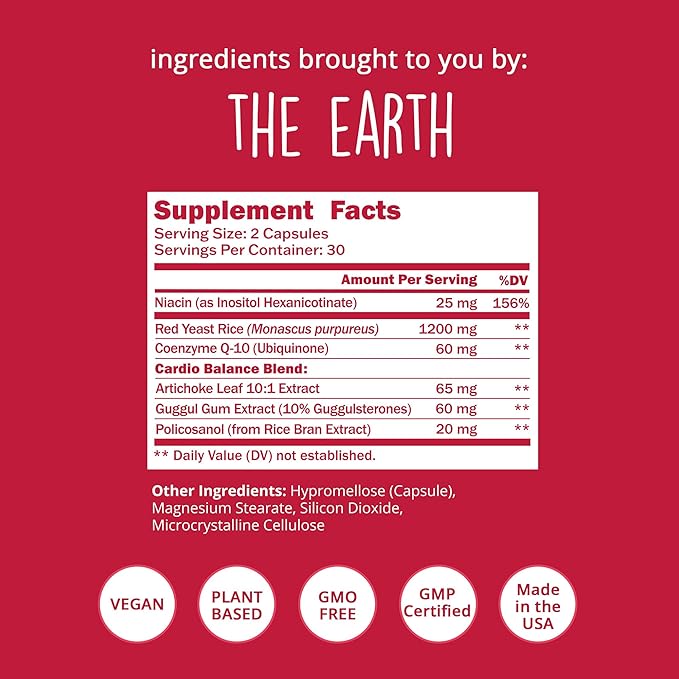 Red Yeast Rice with CoQ10 Supplement 1200 mg - Supports Cholesterol Balance, Heart Health & Circulation - Antioxidant Support with Coenzyme Q10 - Non-GMO, Vegan, 60 Ct