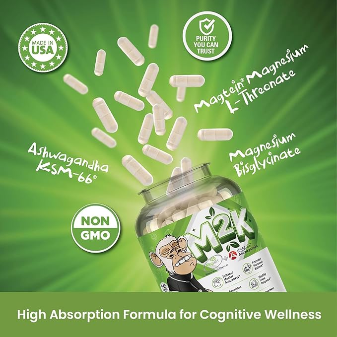 Bored Nutrition M2K: Magtein Magnesium L-threonate & Ashwagandha Supplement - 1500mg Magtein, 300mg KSM-66, Plus 200mg Magnesium