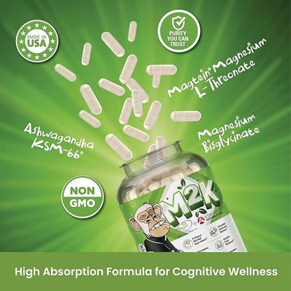 Bored Nutrition M2K: Magtein Magnesium L-threonate & Ashwagandha Supplement - 1500mg Magtein, 300mg KSM-66, Plus 200mg Magnesium