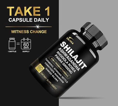 8-in-1 Shilajit for Men with Ashwaganda Himalayan Organic Supplement with Rhodiola Rosea, Ginseng, Turmeric, Mushroom Extract, for Immune Support, Energy, Calm, Focus, Clarity, Sleep, Cortisol