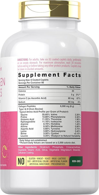 Carlyle Collagen Peptides 6000mg | 400 Caplets | with Vitamin C | Type 1 and 3 | Non-GMO, Gluten Free, Grass Fed Supplement
