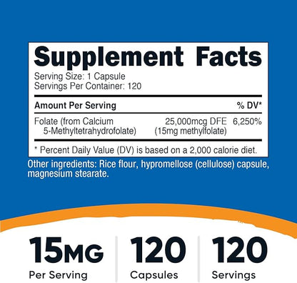 Nutricost L-Methylfolate 15mg, 120 Capsules (5-MTHF) - Vegan, Non-GMO, Gluten Free