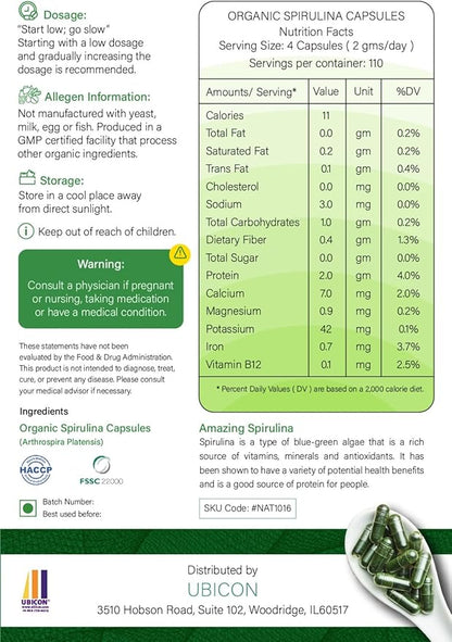 USDA Organic Spirulina Capsules - 100% Pure Vegan Supplement, Non-GMO, Gluten-Free, Chemical-Free, (720)