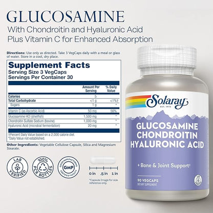 SOLARAY Glucosamine Chondroitin and Hyaluronic Acid, 1500mg/1000mg/20mg 90 Capsules