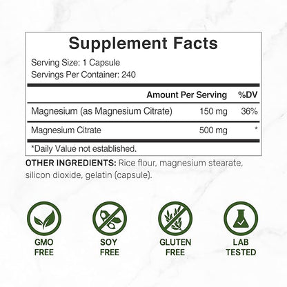 DEAL SUPPLEMENT Magnesium Citrate 500mg, 240 Capsules | Easily Absorbed, Purified Trace Mineral – Muscle, Heart, & Digestive Support – One a Day, Non-GMO