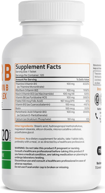 Bronson Vitamin B 100 Complex High Potency Sustained Release (Vitamin B1, B2, B3, B6, B9 - Folic Acid, B12), 120 Tablets