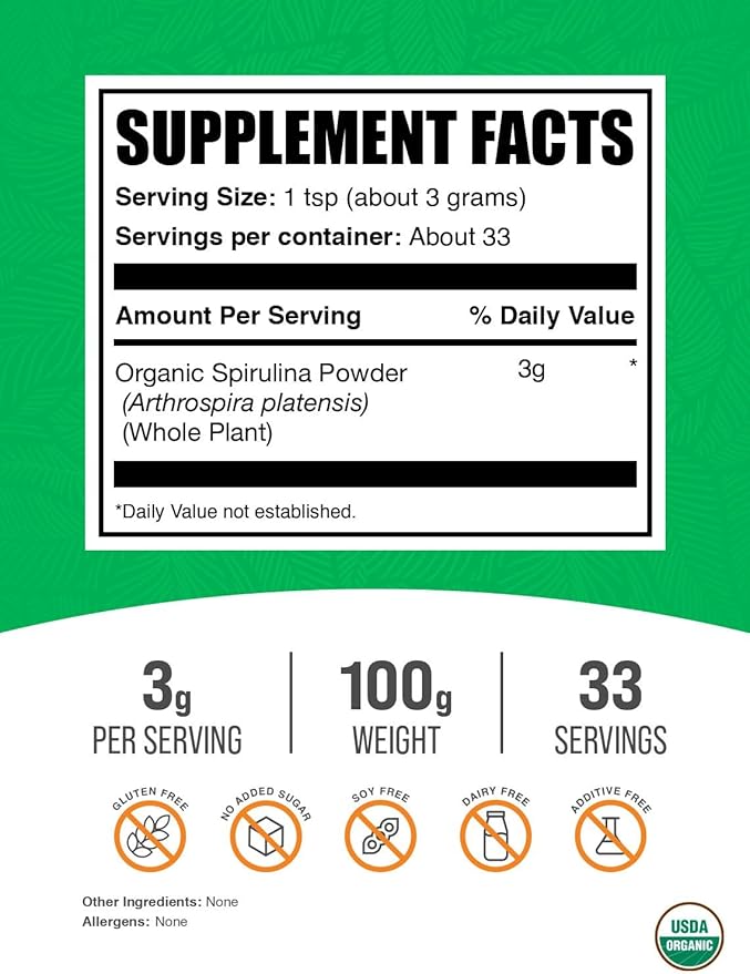 BulkSupplements.com Organic Spirulina Powder - Superfood, Green Spirulina Powder, Herbal Supplement - Vegan-Friendly, 3g per Serving, 100g (3.5 oz) (Pack of 1)
