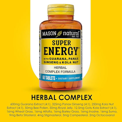 MASON NATURAL Super Energy, Made with Guarana, Panax Ginseng & Kola Nut for Optimal Performance & Energy, 90 Day Supply, 60 Tablets (Pack of 3)