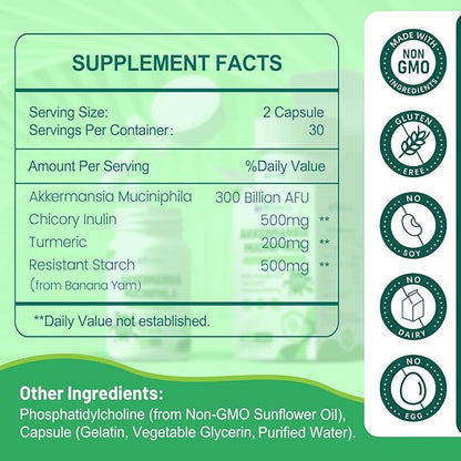 Akkermansia Muciniphila Probiotic for Gut Management - GLP-1 Boosting Supplement with Chicory Inulin, Turmeric, Resistant Starch, Vegan & Gluten Free - 30 Day Supply