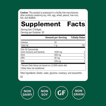 Standard Process Inc. Olprima EPA/DHA - Whole Food Brain Health, Heart Health Support, Sardine and Anchovy Fish Oil, Omega 3 with Astaxanthin - Gluten Free - 60 Softgels