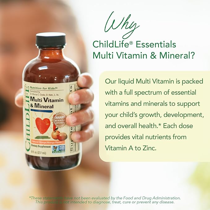 CHILDLIFE ESSENTIALS Kids Multivitamin & Mineral - Kids Vitamins, Liquid Multivitamin for Kids, Toddler Multivitamins, Liquid Vitamins, Baby Multivitamin - Natural Orange & Mango, 8 Fl Oz (Pack of 2)