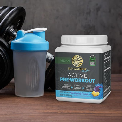 Sunwarrior Pre Workout Powder Energy Drink Vegan Plant-Based Supplement Pump, Hydrate, Focus, Endurance, & Strength Builder Blue Raspberry Pineapple Flavored 30 Servings Active Preworkout