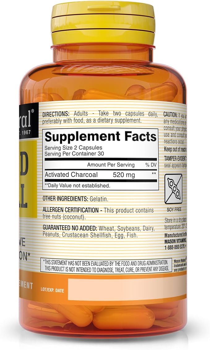 MASON NATURAL Activated Charcoal - Alleviates Gas and Bloating, Promotes Natural Detoxification, Highly Absorbent Supplement, 60 Capsules (Pack of 3)