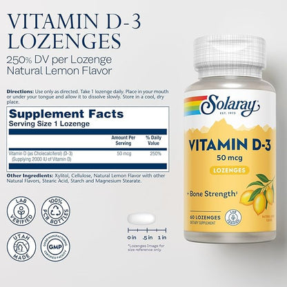 SOLARAY Vitamin D3 Lozenges 50mcg - 2000IU D3 Vitamin - Strong Bones, Muscle and Immune Support - Natural Lemon Flavor - Lab Verified, 60-Day Guarantee - 60 Servings, 60 Lozenges