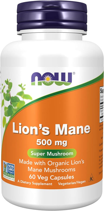 NOW Foods Supplements, Lion's Mane 500 mg, Super Mushroom, Made with Organic Lion's Mane Mushrooms, 60 Veg Capsules