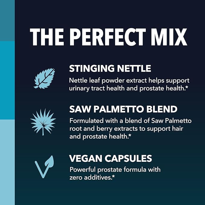 Saw Palmetto with Stinging Nettle Capsules - 2X Prostate Support Supplement for Men’s Health - 120 Count - DHT Blocker for Urinary Tract Function and Hair - Vegan, Non-GMO - 2 Month Supply
