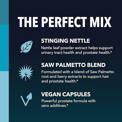 Saw Palmetto with Stinging Nettle Capsules - 2X Prostate Support Supplement for Men’s Health - 120 Count - DHT Blocker for Urinary Tract Function and Hair - Vegan, Non-GMO - 2 Month Supply