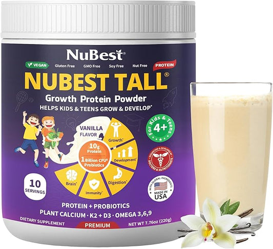 NuBest Protein Powder - Vanilla Plant Based Protein - Vegan Protein Powder for Kids & Teens - Healthy & Immunity with Probiotics, Omega 3-6-9, Vitamin D3 + K2, Calcium & Vitamins - 10 Servings