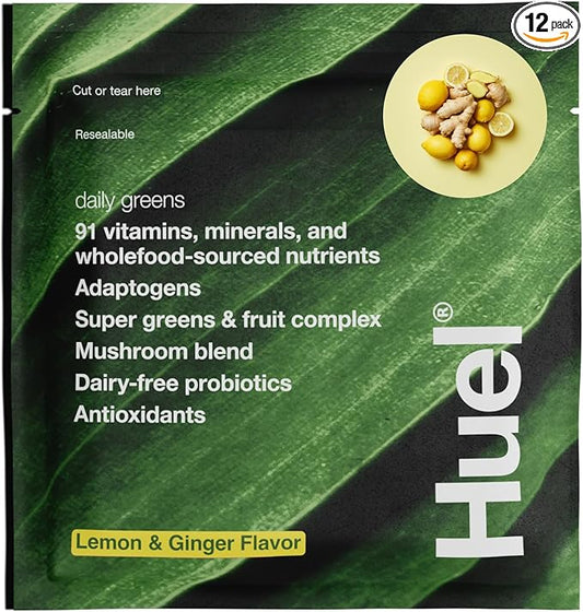 Huel Daily Greens Single Serve Lemon and Ginger | Superfood Greens Powder | 91 Vitamins, Minerals, and Wholefood-Sourced Ingredients | Adaptogens, Antioxidants, Gut-Friendly Probiotics | 12 Pack