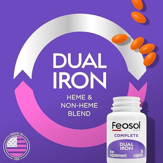 Feosol Complete Iron Supplement Caplets, Bifera Iron for High Absorption, Heme and Non-Heme Dual Action Minimizes Side Effects, 1 Per Day, for Energy and Immune System Support, Made in USA, 30 Count