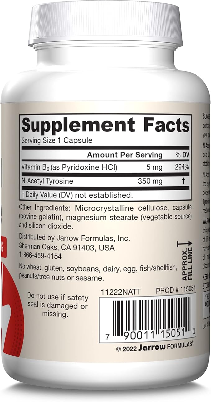 Jarrow Formulas N-Acetyl Tyrosine 350 mg, Brain Support Supplement, Dietary Supplement, Contains Vitamin B6 for Amino Acid Metabolism, 120 Capsules, 120 Day Supply