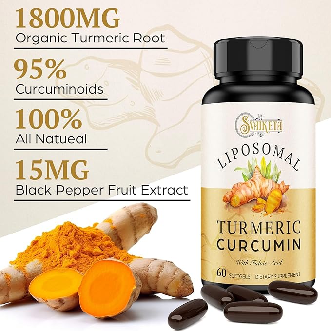 Liposomal Turmeric Curcumin Supplement 2000mg, 95% Standardized Curcuminoid Extract & Organic Root Powder with Piperine Black Pepper Fruit (15mg), 60 softgels