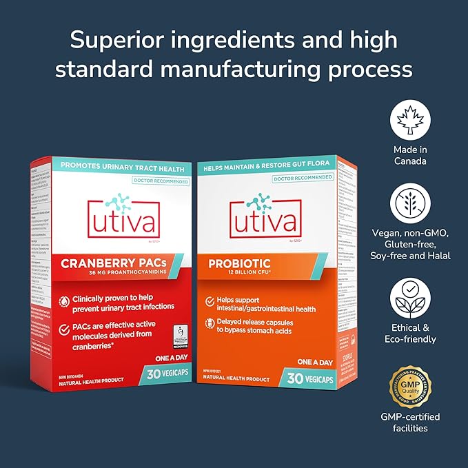 10% Bundle Utiva 36PAC Power Bundle | 30 Days | Bundle with 36mg Soluble Cranberry PACs (DMAC/A2) and 30B CFU Probiotic Power (Lactobacillus and Bifidobacterium Strains) | Locally Made.