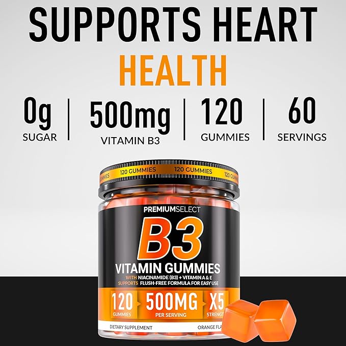 Vitamin B3 Gummies Niacinamide 500mg - 120 Gummies Supplement For Adults + Vitamins A & E – Flush Free Niacin 500mg for Skin, Energy & Metabolism – Vegan, Non-GMO, Sugar Free – 2-Month Supply