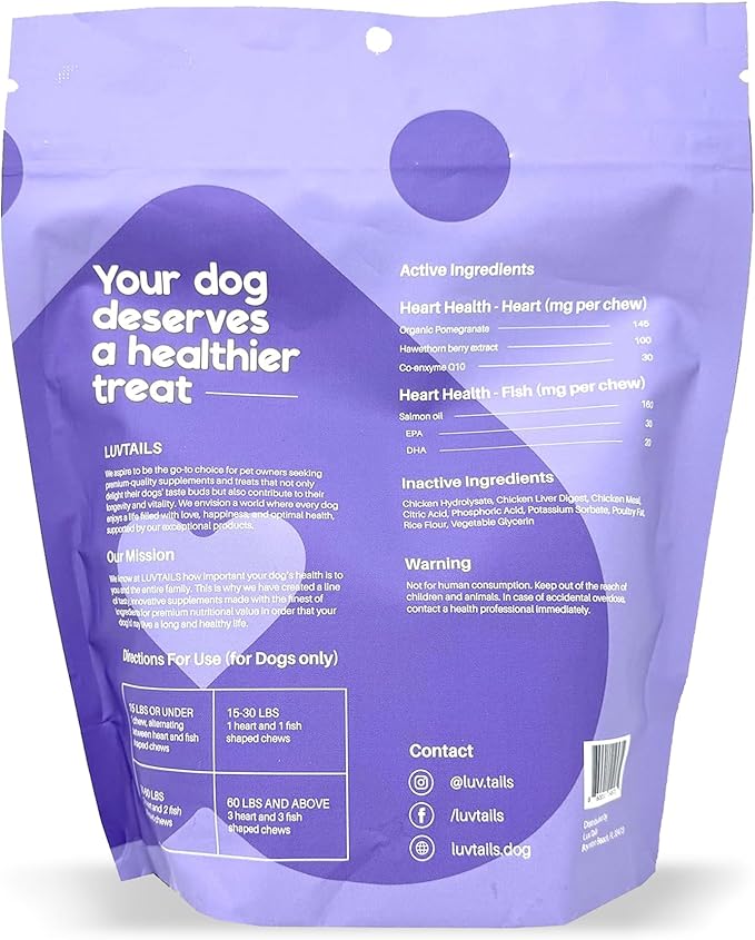 Heart Supplements for Dogs Omega 3 Chewable EPA DHA Dog Health Supplement with Salmon Oil, Pomegranate and CoQ10, 60 Chews