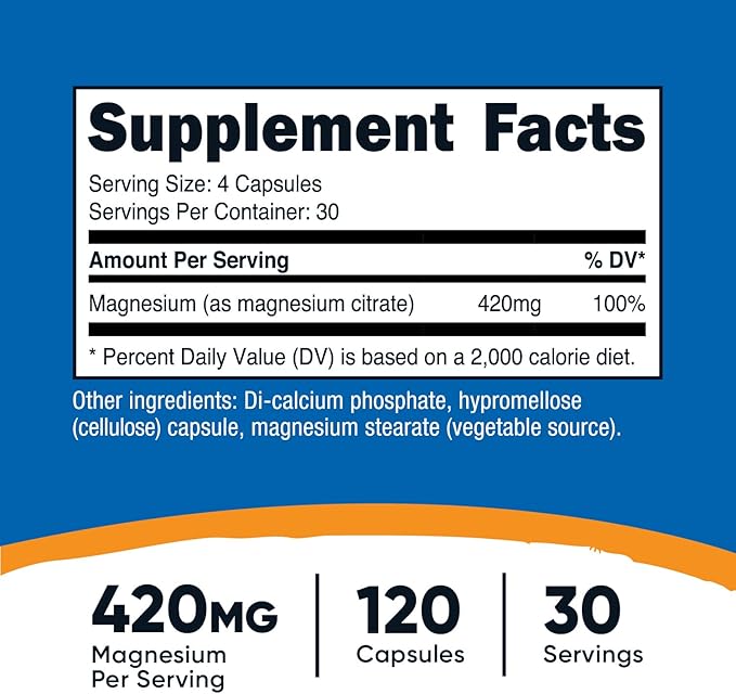 Nutricost Magnesium Citrate 420mg, 120 Veggie Capsules - 30 Servings, Gluten Free, Non-GMO Supplement