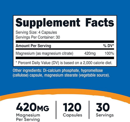 Nutricost Magnesium Citrate 420mg, 120 Veggie Capsules - 30 Servings, Gluten Free, Non-GMO Supplement