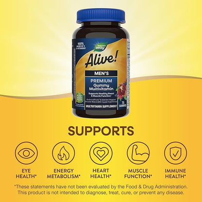 Nature's Way Alive! Men's Premium Gummy Multivitamin, Supports Healthy Heart, Muscle Function*, Full B-Vitamin Complex, Orange, Grape, Cherry Flavored, 75 Gummies (Packaging May Vary)