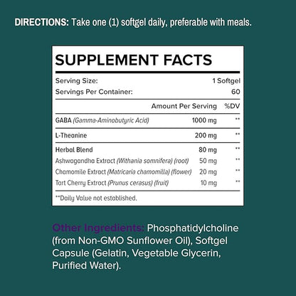 Liposomal GABA Supplements 1000mg with L-Theanine 200mg,High Absorption,Ashwagandha,Chamomile,Tart Cherry Herbal Supplement for Adults,120 Softgels,Non-GMO,Gluten Free