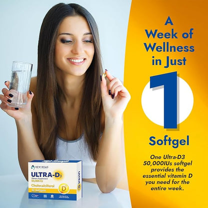 New Road Health Supply - Vitamin D 50000 IU, Once Weekly Dose, Easy to Swallow Vitamin D Softgel for Bones, Teeth, and Immune Support, Gluten Free, 12 Count, Pack of 3