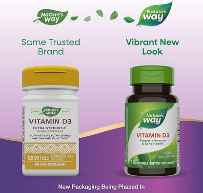 Nature's Way Vitamin D3 Extra Strength(1), Bone Health and Immune Function*, 2000 IU (50 mcg per Serving), 120 Softgels