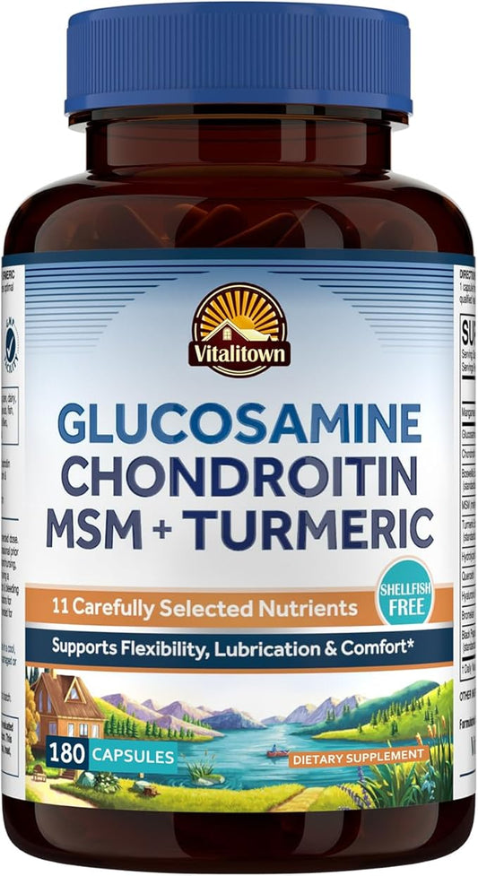 Vitalitown Glucosamine Chondroitin MSM, Turmeric, Collagen, Hyaluronic Acid, Boswellia, Quercetin, 11-in-1 Formula, Glucosamine Sulfate 1500 mg, No Shellfish, Flexibility & Comfort, 180 Caps