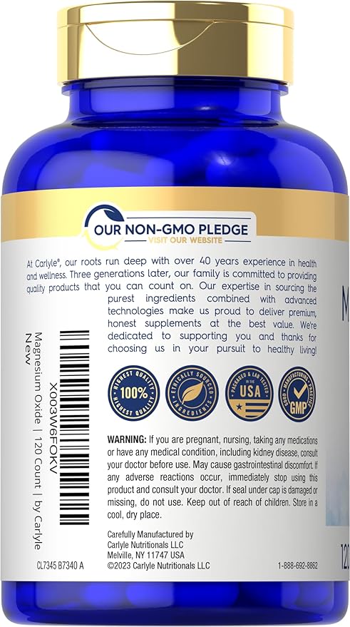 Carlyle Magnesium Oxide 500mg | 120 Capsules | Premium Quality | Non-GMO and Gluten Free Supplement