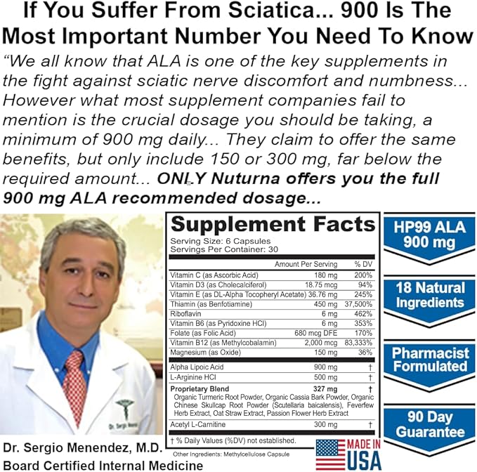Sciatica Supplement with 900 mg Alpha Lipoic Acid - Maximum Strength Sciatic Nerve Support for Lower Back Legs Feet Hands - 18-in-1 Natural Nerve Vitamins - Made in USA - 180 Capsules