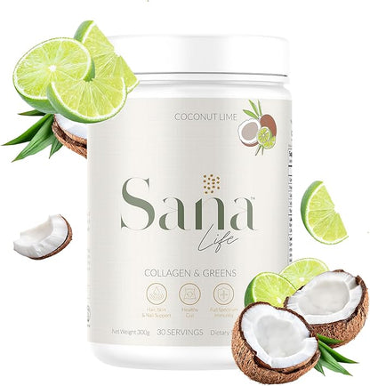 Collagen & Greens Powder, Multi-Collagen Supplement with Hyaluronic Acid for Skin, Hair, Nail & Gut Health - 30 Servings (Coconut Lime)
