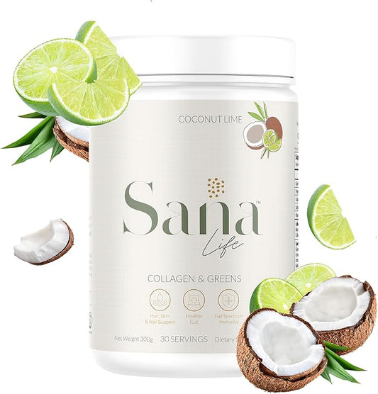 Collagen & Greens Powder, Multi-Collagen Supplement with Hyaluronic Acid for Skin, Hair, Nail & Gut Health - 30 Servings (Coconut Lime)